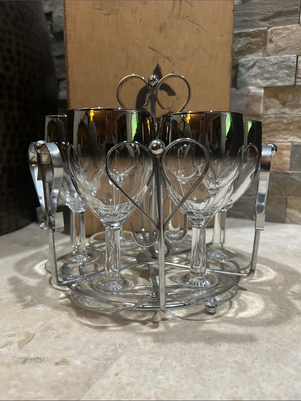 vintage Queen's Lusterware Silver Fade Wine Glass Set with a Chrome Heart Caddy